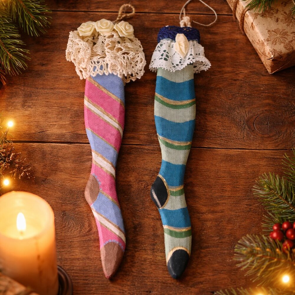 Vintage Handmade Christmas Stocking Ornaments Folk Art Set of 2